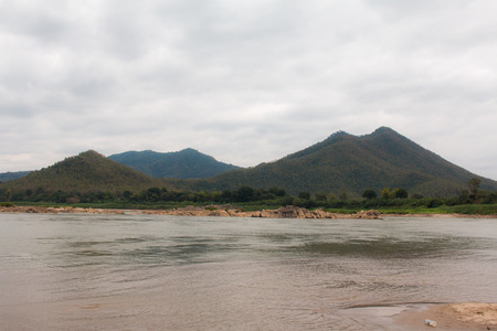 Landscape river and mountain town of Chiang Khan in Loei, Thailandの写真素材
