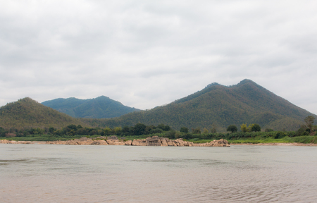 Landscape river and mountain town of Chiang Khan in Loei, Thailandの写真素材