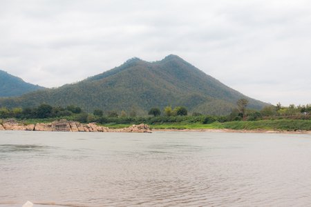 Landscape river and mountain town of Chiang Khan in Loei, Thailandの写真素材