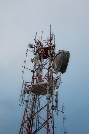 Telecommunication tower blue sky background,Phone antennaの写真素材