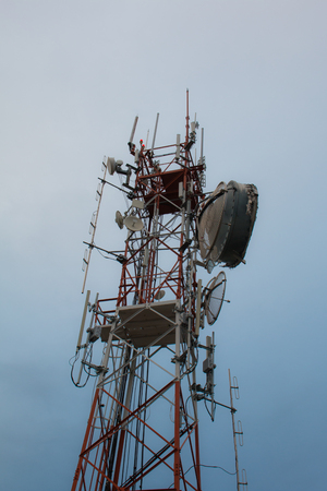 Telecommunication tower blue sky background,Phone antennaの写真素材