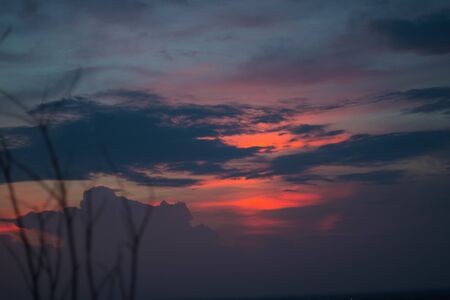 Beautiful silhouette of tree branches against the sky at sunset makes the sky is blue, orange, sparklingの写真素材