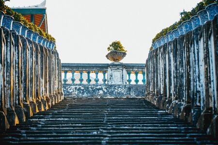 Abstract background of Old Concrete stairs.  concrete staircase with old dry leaves.の写真素材
