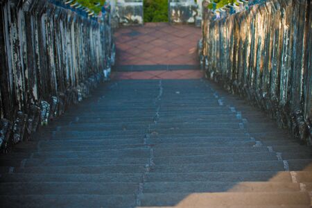 Abstract background of Old Concrete stairs.  concrete staircase with old dry leaves.の写真素材