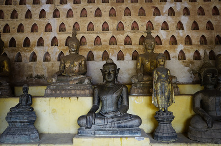 many Buddha in the temple and nice old wallのeditorial素材