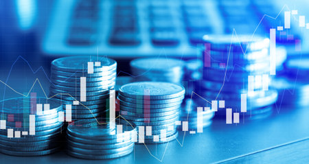 Double exposure of coin stack with financial graph and coin stack for finance and banking concept.の写真素材