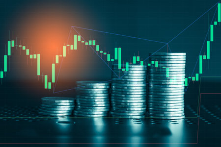 Investment concept, Coins graph stock market financial on LED background.の写真素材