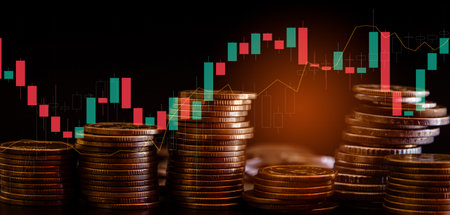 Investment concept, Coins graph stock market financial on black background.の写真素材