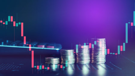 Investment concept, Coins graph stock market financial on LED background.の写真素材
