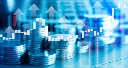 Double exposure of coins stack with stock market graph background, business and financial concept idea.の写真素材