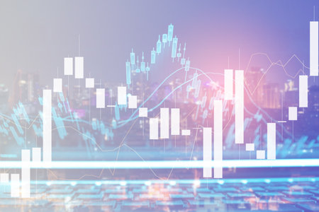 Abstract glowing forex chart interface on blurry night city background. Finance and trade concept. Double exposureの写真素材