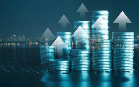 Double exposure of coin stack with financial graph and city background, business and finance concept idea.の写真素材