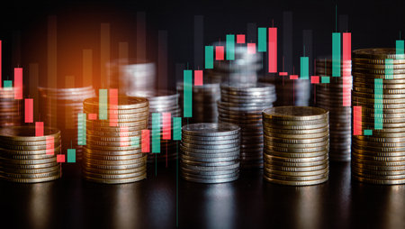 Double exposure of coin stacks and graph stock market or forex trading graph and candlestick chart suitable for financial investment concept.の写真素材