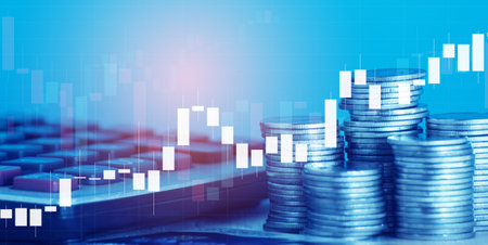 Double exposure of coin stack with financial graph and calculator for business and finance concept idea.の写真素材