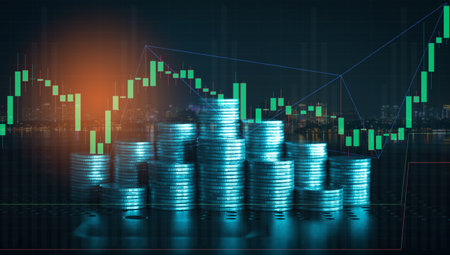 Investment concept, Coins graph stock market financial on LED background.の写真素材