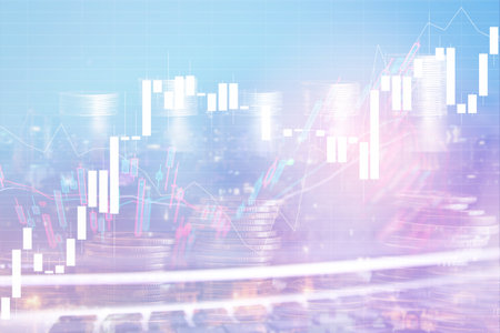 Double exposure of stock market graph and cityscape background. Business and financial concept.の写真素材