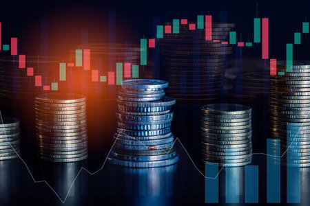 Double exposure of coin stack with stock market graph, business and finance concept idea.の写真素材