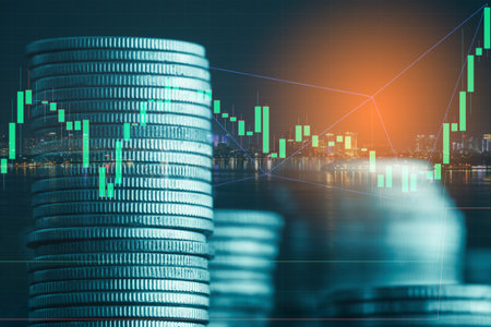 Double exposure of coin stack with stock market financial graph and cityscape background, business and financial concept idea.の写真素材