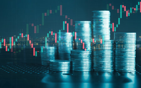 Double exposure of coin stack with stock market financial graph and cityscape background.の写真素材
