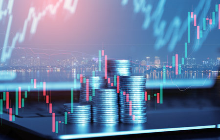 Double exposure of coin stack with stock market graph and cityscape background, business and financial concept idea.の写真素材