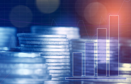 Double exposure of coin stack and financial graph for business and finance concept idea.の写真素材