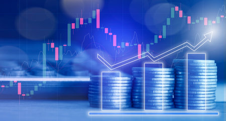 Double exposure of coin stack with stock market or forex trading graph and candlestick chart suitable for financial investment concept.の写真素材