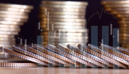 Double exposure of coins stacks and financial graph, business growth concept ideaの写真素材