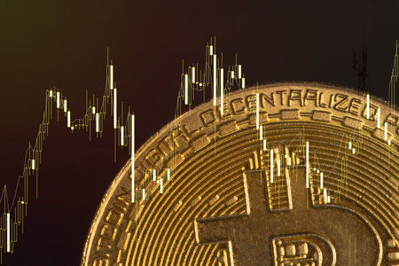 Bitcoin cryptocurrency on a dark background. Bitcoin is a modern way of exchange and this crypto currency is a convenient means of payment in the financial marketの写真素材