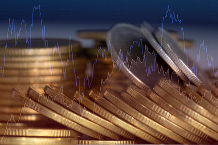Double exposure of coin stacks with forex graph chart, business and financial concept idea.の写真素材
