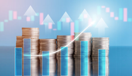 Investment concept, Coins stack on blue background, business growth graphの写真素材
