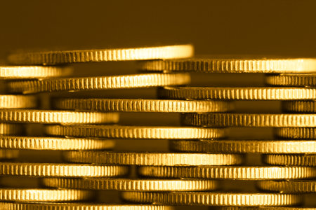 Coins background. Close-up of gold coins. Abstract background.の写真素材