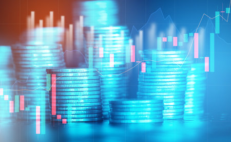 Double exposure of coin stack with stock market graph on blue background.の写真素材