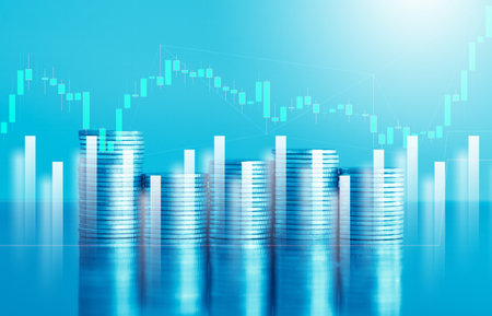 Investment concept, Coins graph stock market financial on blue background.の写真素材
