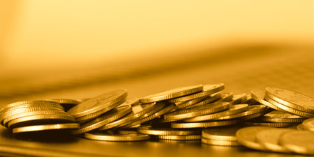Coins stacked on each other in different positions. Coins background.の写真素材