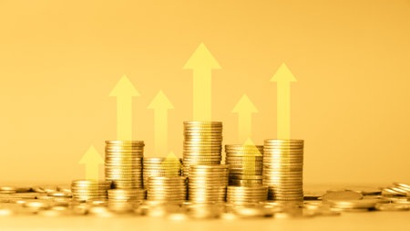 Coins stacks and arrow up, business growth success concept idea.の写真素材