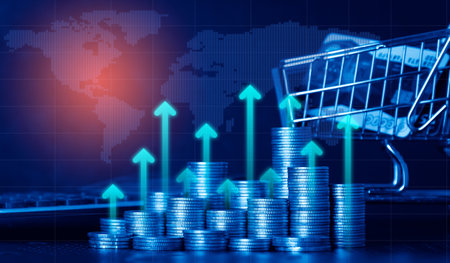 Shopping cart and stack of coins for finance and banking concept.の写真素材