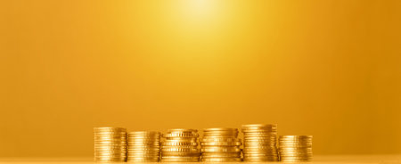 golden coin stack on yellow background. business and finance concept.の写真素材