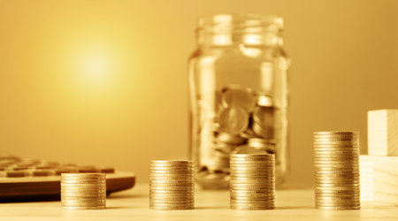 Coins in glass jar with coins stacks and calculator on wooden table, business and finance concept idea.の写真素材
