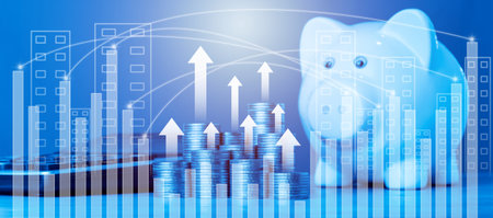Piggy bank and coin stack with financial graph on blue backgroundの写真素材