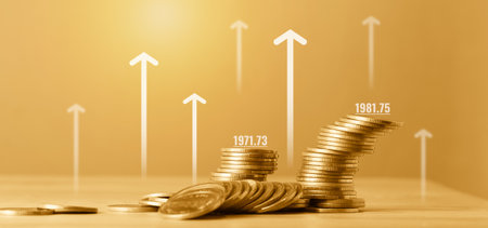 Coins stacked on each other in different positions, with the text: Businessの写真素材