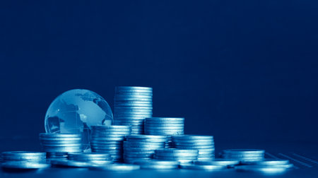 Stacks of coins with globe on dark blue background, business and finance concept.の写真素材