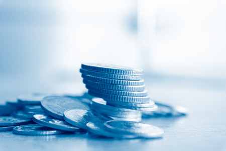 Stack of coins with filter effect retro vintage style and shallow depth of fieldの写真素材