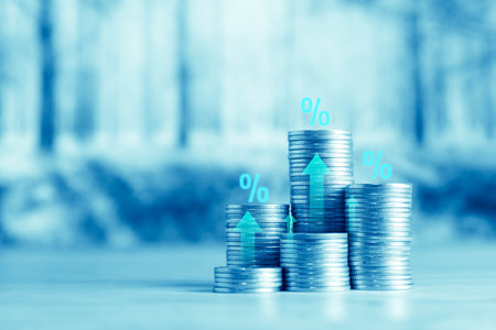 Coins stacked on each other in different positions, with blue background.