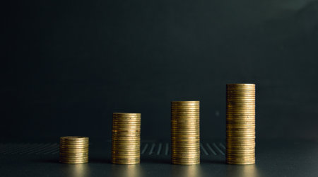 Stacks of coins on black background, business and finance concept.