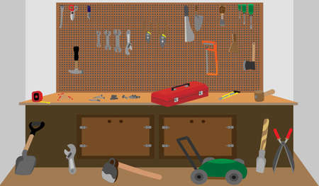 Flat design tools room, room for technician that so much tools in this room ,Workplace of technician with working tools. (Vector cartoon illustration)のイラスト素材