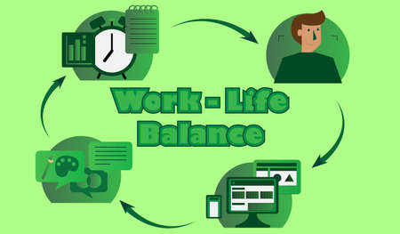 Work-life balance (wake up , plan , prepare go to work , work hard , give time for hobby)のイラスト素材