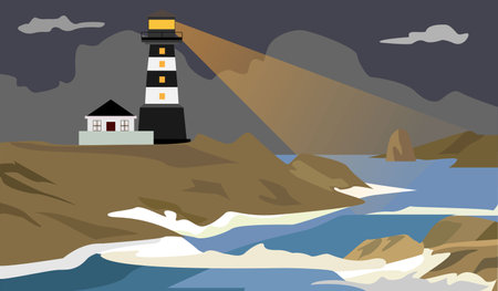Landscape lighthouse in night of the sea (vector illustration)のイラスト素材