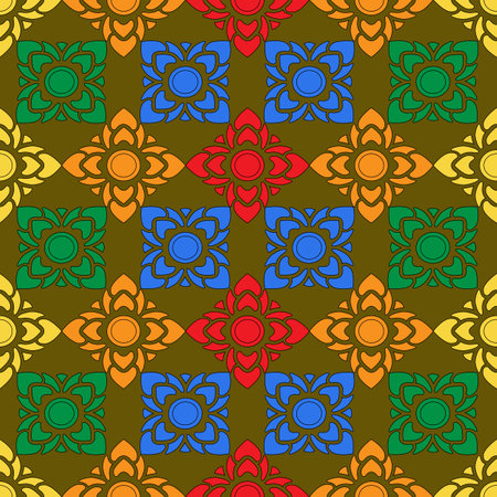 Fabric red green yellow blue full geometry pattern for textile cloth and other ,ethnic pattern traditional background Design for carpet,wallpaper,clothing,wrapping,batik,fabric,embroideryのイラスト素材