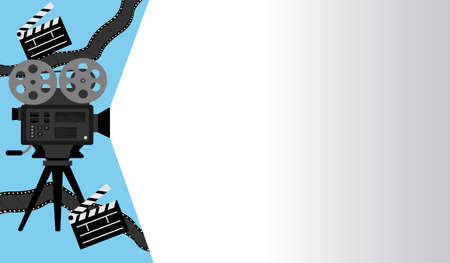 Film camera , film and other tools for copy space , message, information, text , advertisement , announcement. Flat design film production tools and spotlight space for copy spaceのイラスト素材