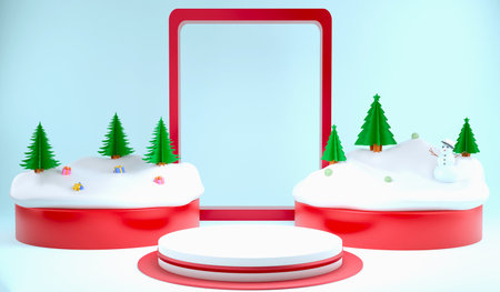 3D rendering Christmas ornaments and  podium on yellow background, Christmas and New year concept for copy spaceの写真素材
